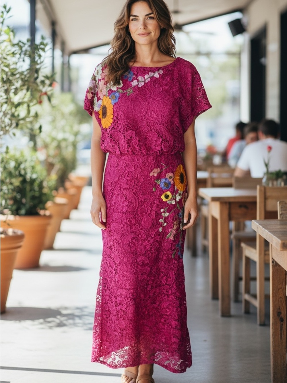 Fuchsia Lace Maxi Dress with Floral Embroidery